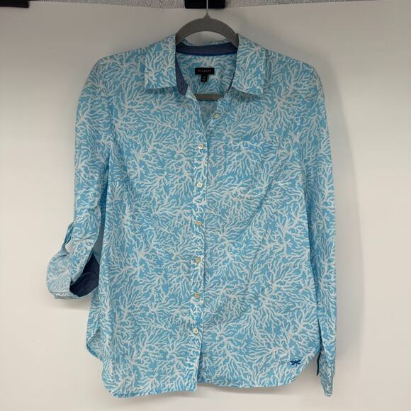 Talbots Shirt Women M Blue White Coral Reef Print Button Up Roll-tab Long Sleeve - Picture 1 of 10